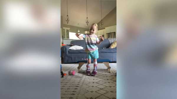 4-year-old with cerebral palsy celebrates after taking first independent steps