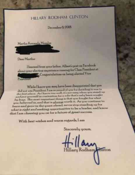 Hillary Clinton pens letter to girl who lost class president race to boy