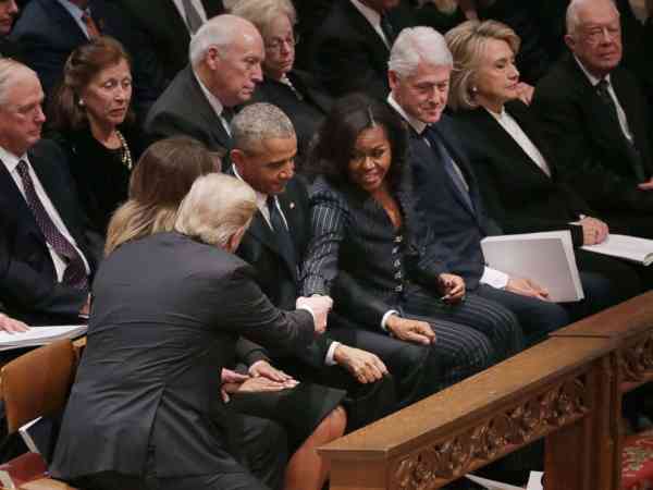 Trumps get frosty reception from Obamas, Clintons at George H.W. Bush funeral